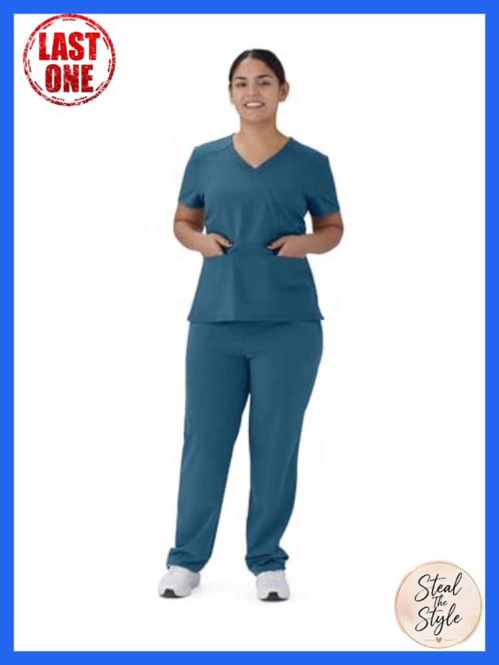 Women's Medical Scrub Top Mock Wrap Neckline Front Belt 2 Pockets